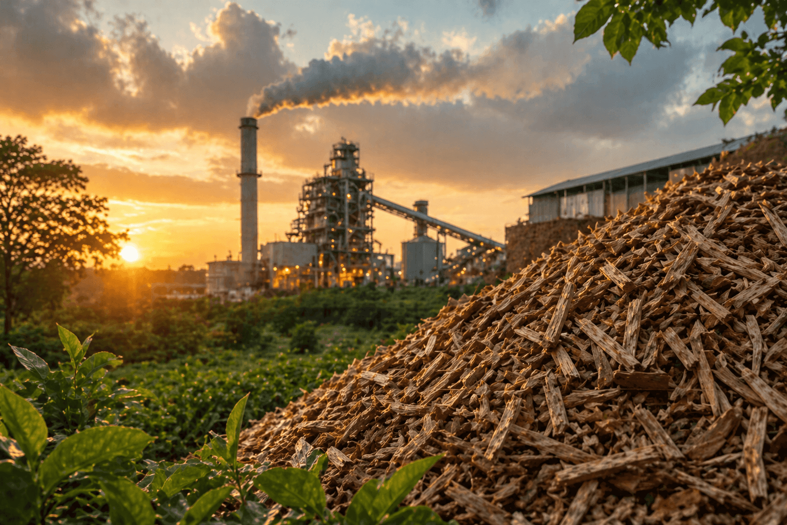 Wood chip stockpile near an industrial energy plant